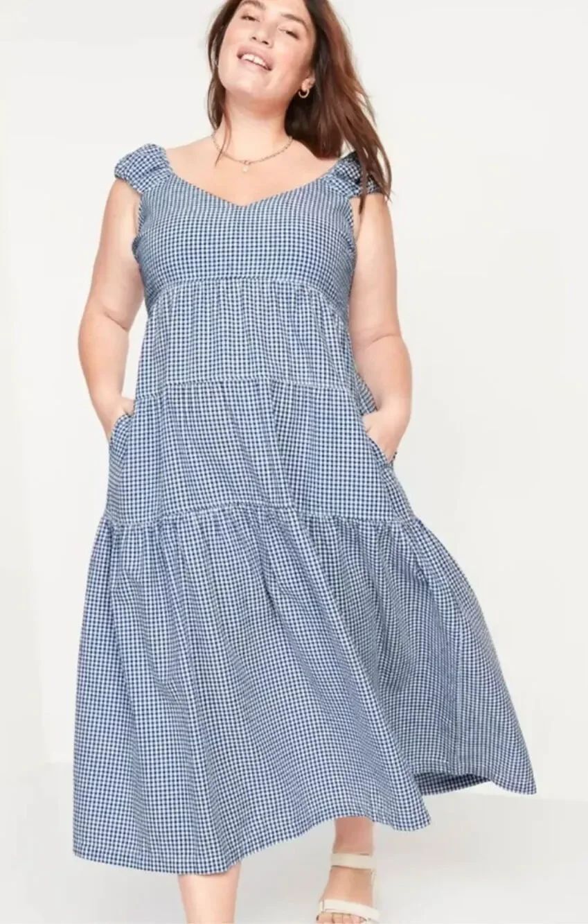 Old Navy Blue Gingham Tiered Maxi Dress XXL Tall Cottagecore Smocked Back Seersu